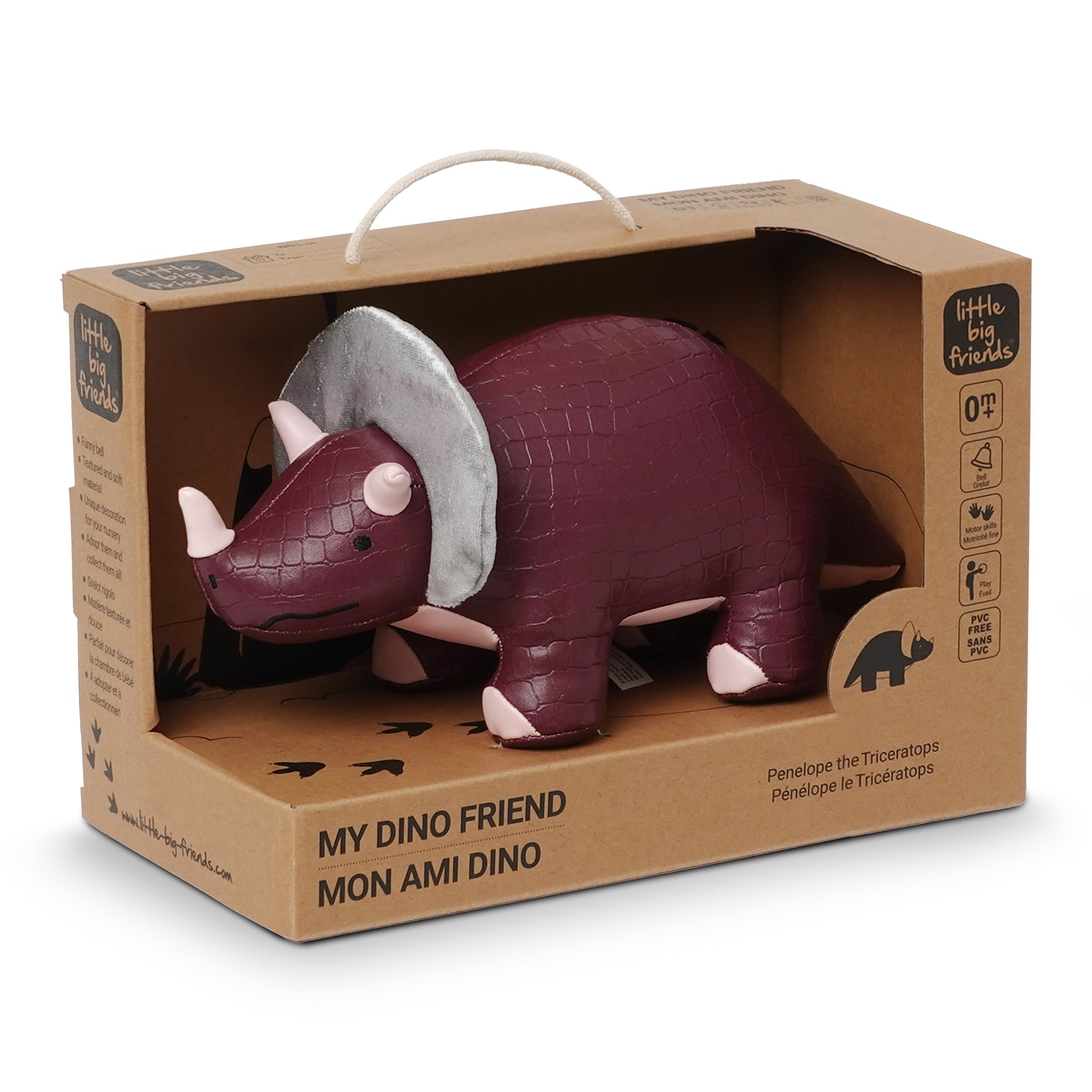Little Big Friends Dino Friends | Stimulate the Senses with Colors, Textures & a Tinkling Bell | Vegan Leather | Easy to Clean | Penelope the Triceratops