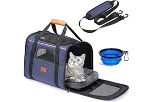 Morpilot Cat Carrier - Soft Sided Cat Carrier Large for Big Medium Cats and Puppy up to 18lbs, Pet Carrier with Safety Zippers, Foldable Bowl, Airline Approved Large Dog Carrier - Dark Blue