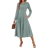 MOLERANI Womens 2025 Fall Casual Ribbed Knit Long Sleeve Dress Midi Crewneck Lightweight Dresses with Pockets Holiday,Pea Green,2XL