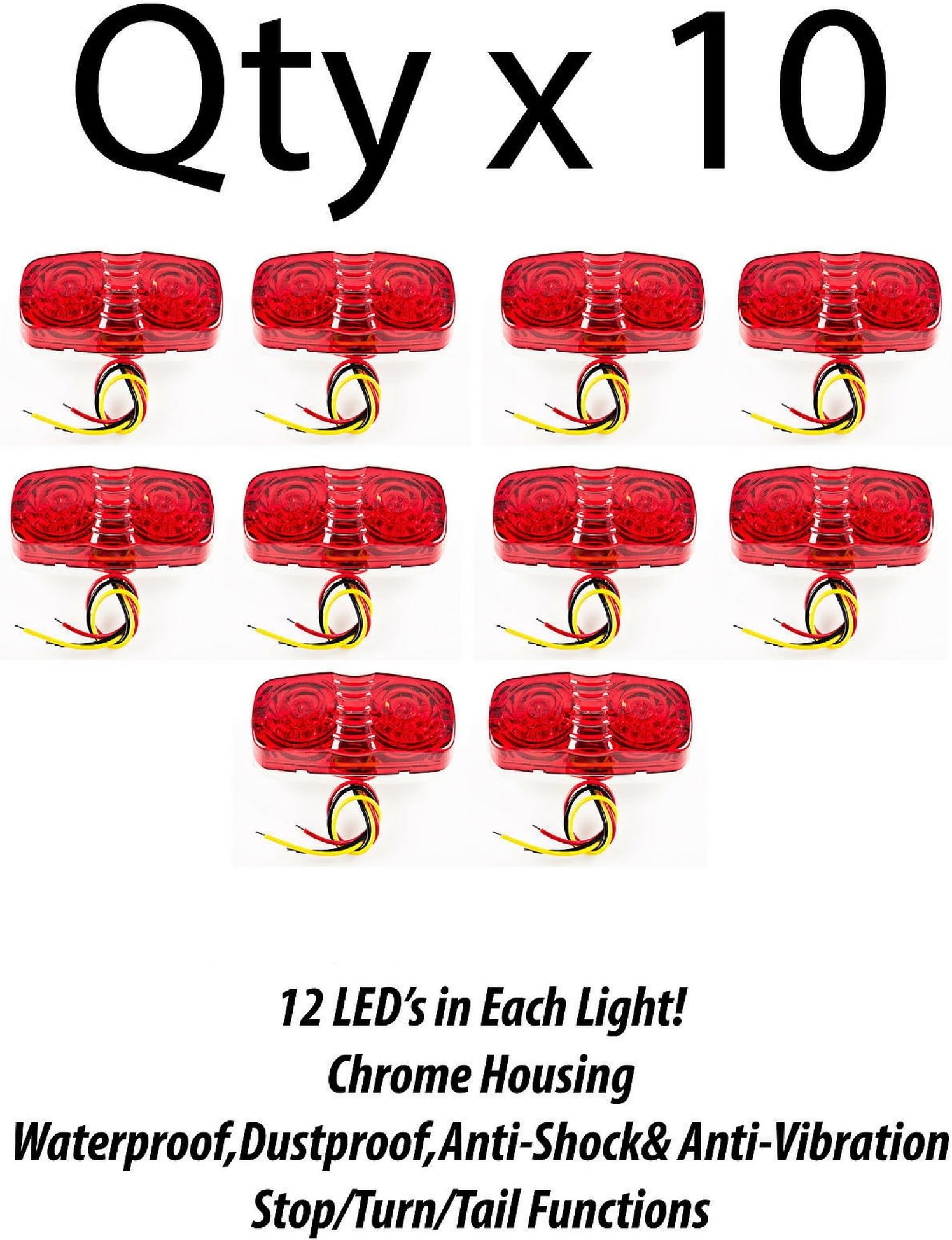 10x Trailer Marker LED Light Double Bullseye Qty 10 Red 12 LED Lights, Double Bullseye LED Trailer Clearance Side Marker Lights, 4x2 Rectangular Rectangle Led Lights, 3 Wire, Chrome Base (10pc)