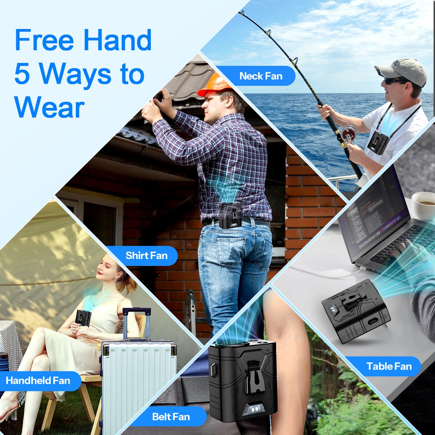 JTRYEMU 20000mAh Portable waist fan Clip on Belt Shirt Body Rechargeable Battery 5 Speeds 20000RPM 60H Working LED Light Personal cooling device Wearable Neck Fan for Outdoor Jobsite Camping (Black)