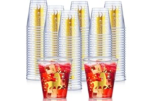 Umigy 100 Pcs Christmas Shot Glasses Disposable Shot Plastic Clear Small Cups for Party Bulk 2 Oz Cups Plastic Tumbler for Birthday Party Wine Food Snack Tasting Drinking Serving(Gold, Reindeer)