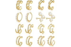 17KM 16 Pcs Fake Clip on Earrings for Women Non Piercing, Adjustable Fake Ear Cuffs Clip On Earrings Set for Gift