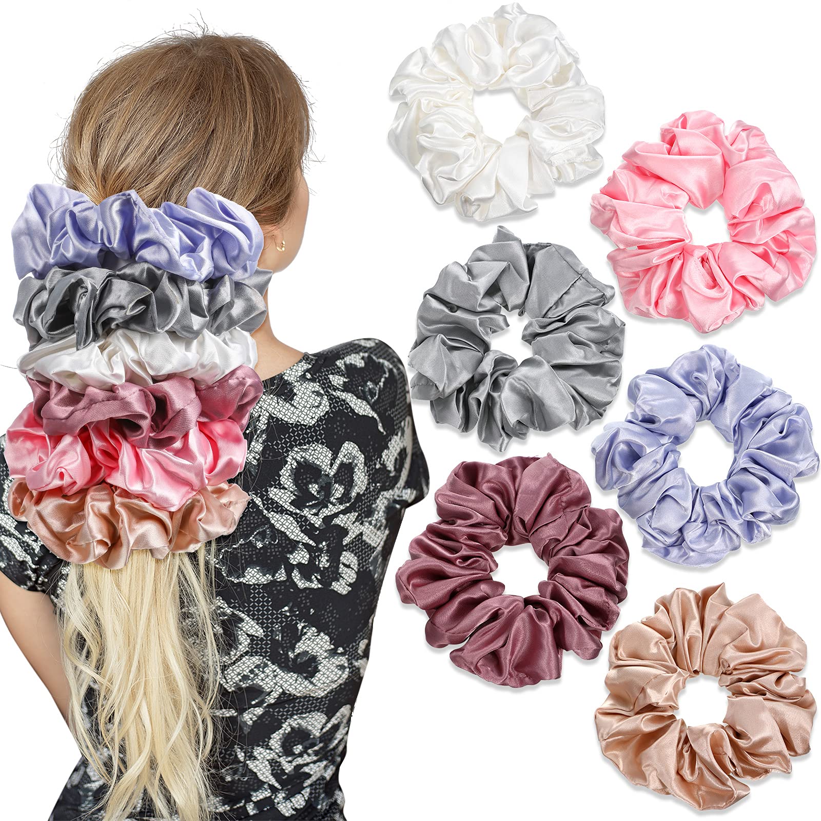 6 Pieces Oversized Satin Scrunchies for Hair, Soft Silk Elastic Hair Band Set Hair Ties Ponytail Holders for Women and Girls (Champagne, White, Silver Grey, Light Pink, Bean Red, Light Blue)