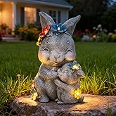 Komothala Solar Garden Statue Light, 8inch Resin Rabbit Figurine with Flowers Outdoor Decor for Patio, Lawn, Yard, Housewarming Birthday Gifts Gift for Bunny Lovers, Mom, Grandma, Women (Grey Rabbit)