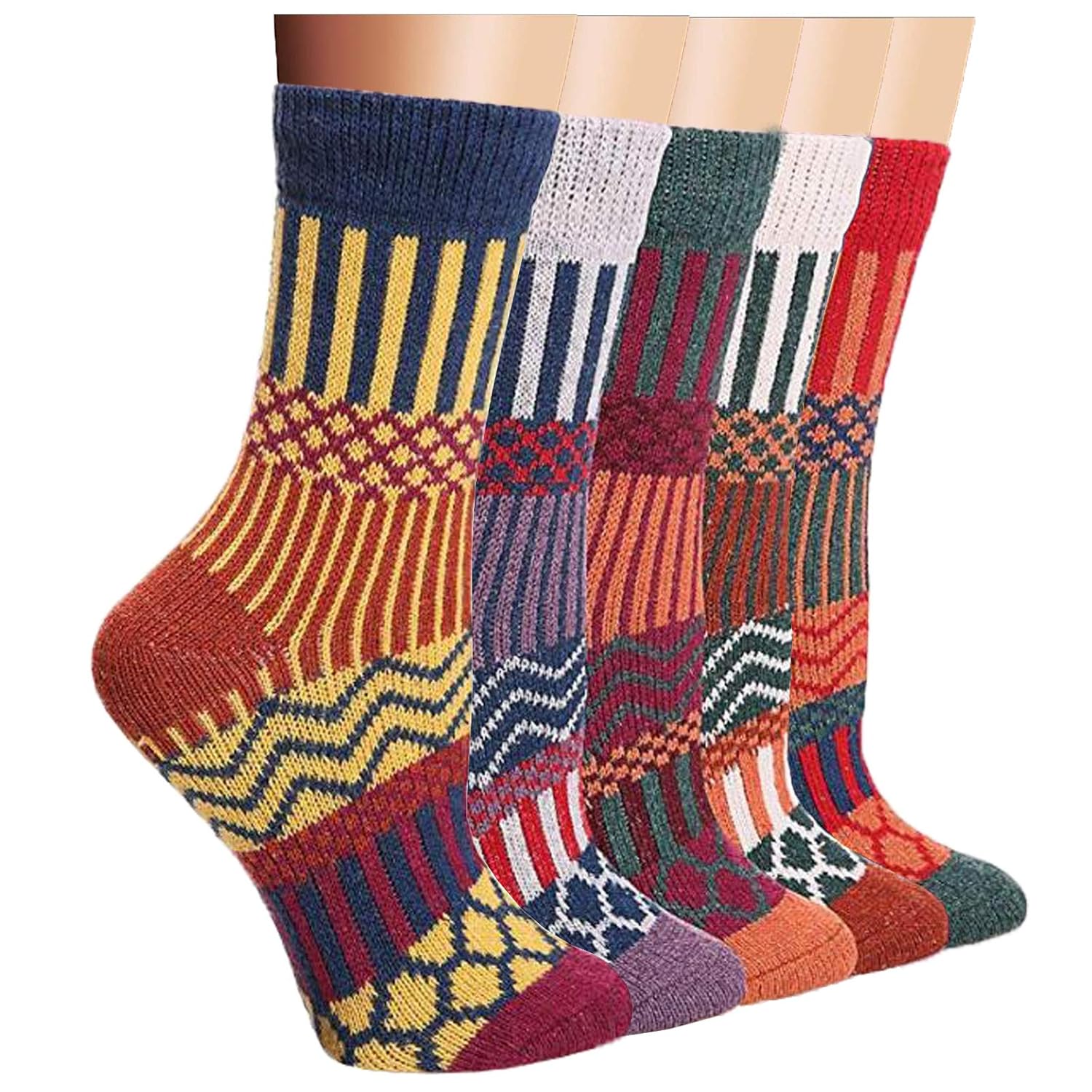 5 Pairs Womens Vintage Style Winter Warm Thick Knit Wool Novelty Soft Crew Socks