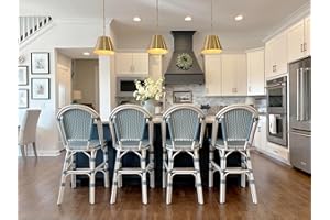 PURPLE LEAF French Counter Height Bar Stool Set of 4 25" White Print Finish Patio Bar Chairs with Back Rattan Bar Chairs French Bistro Set for Kitchen Outdoor Counter Stool Light Blue