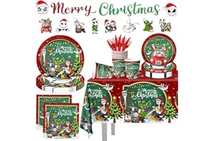 GUPESXU 142Pcs Merry Christmas Plates and Napkins Nightmare Christmas Party Decorations, Red Green Christmas Tree Nightmare Plates Napkins Tablecloth for Kids Xmas Winter Holiday Christmas Party Supplies
