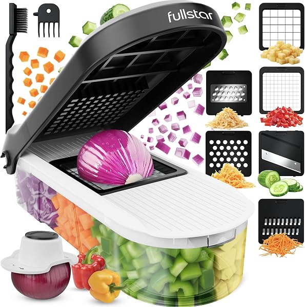 Fullstar Vegetable Chopper & Mandoline Slicer - Julienne Cutter Dicer Grater for Food Veggie Onion Cucumber Tomato Salad Potato Cheese - Kitchen Essentials & Gadgets (Compact 6-in-1, White) - 1