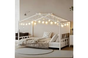 LINKHOO Twin Size Montessori Floor Bed with Roof, Metal House Bed with Soundproofing Slat Locking and Footboard for Boys and Girls, Easy to Assemble, No Box Spring Needed, White