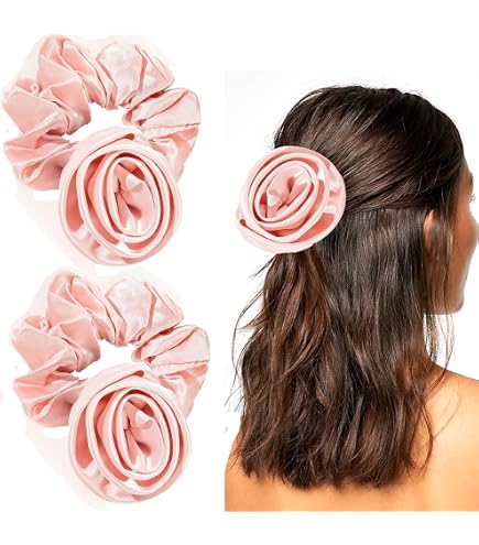 Amazon.com : Guqqeuc Satin Rose Hair Scrunchie with Flower  display picture 1