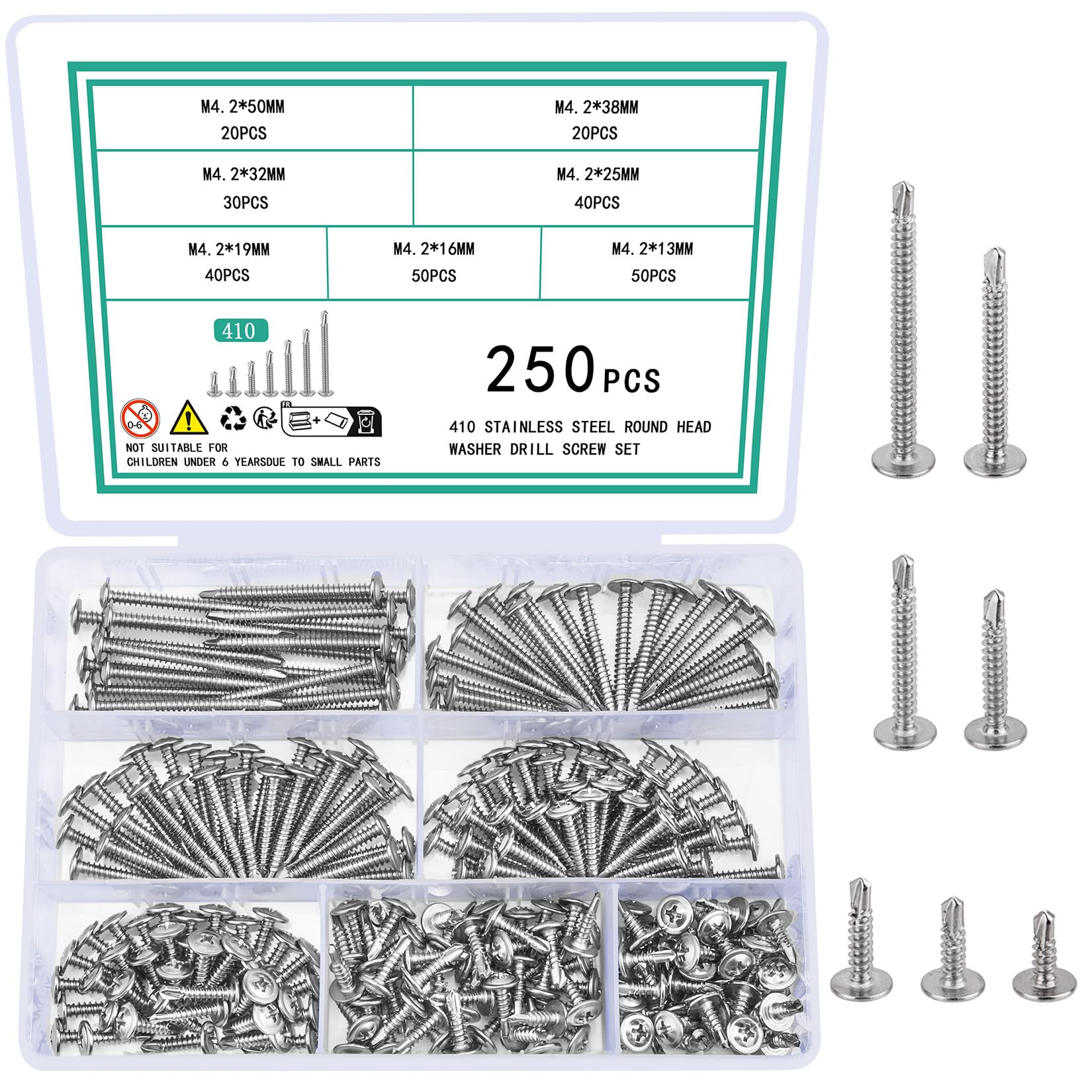 250 Pcs M4.2 Self Tapping Screws for Metal, Wafer Head Self Drilling Stainless Steel Flat Head Sheet Metal Modified Truss Tek Screws for Wood Plastic Panels