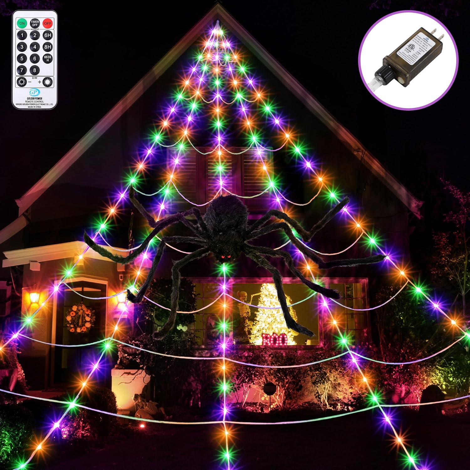 Outdoor Holiday Decorations - Meonum Halloween Spider Web Lights Outdoor Decoration, LED Giant Spider Web Light with 135 Light Bulbs, Lit Outdoor Spider Web Decor with Giant Spider for Yard Home Party Decor (Orange, Purple, Green)