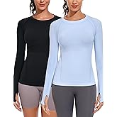 WANAYOU Long Sleeve Workout Tops for Women Underscrub Compression Athletic Shirts Seamless Running Top Quick Dry Gym Yoga