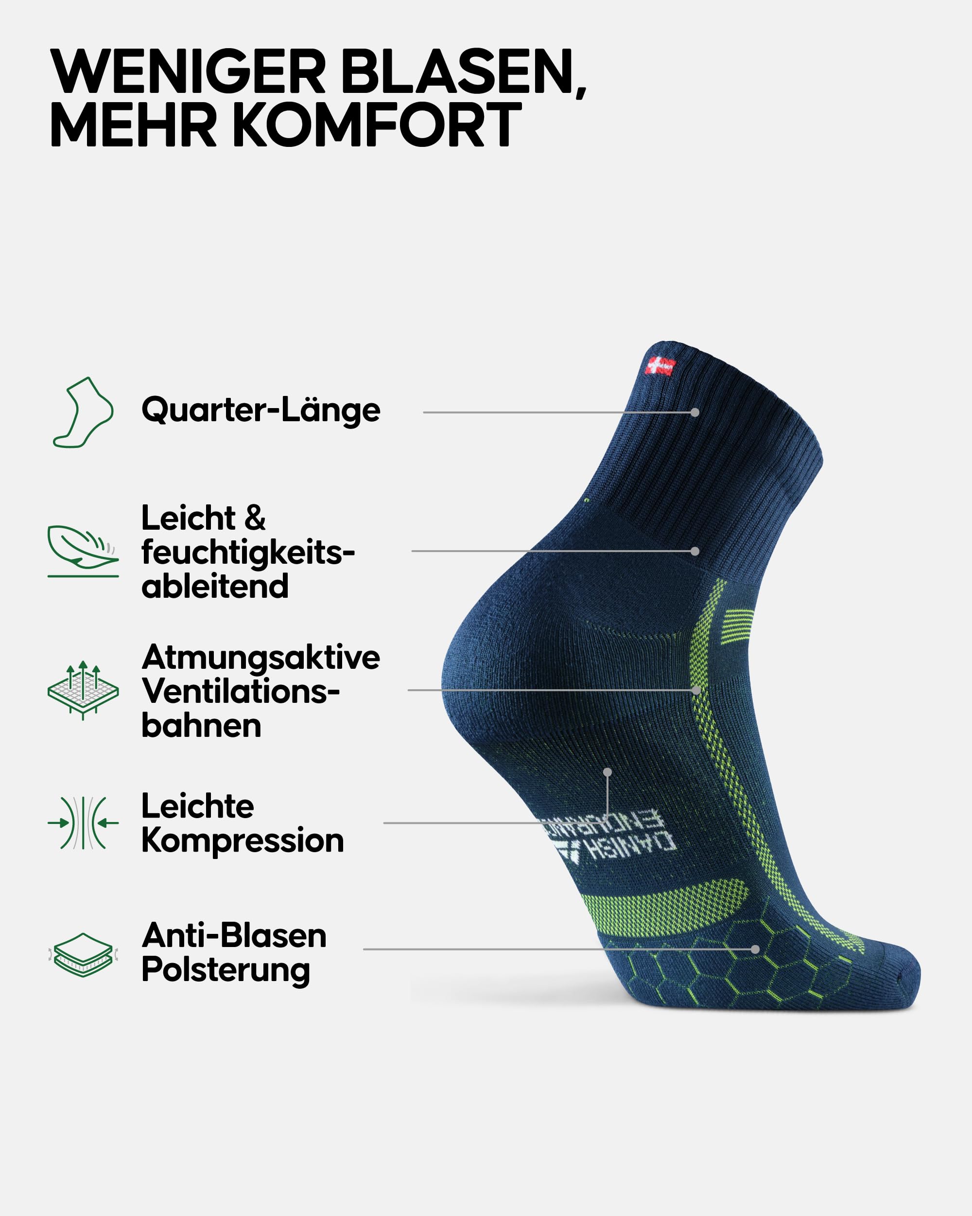 DANISH ENDURANCE 3 Paar Quarter Laufsocken,Knöchelhohe Sportsocken für lange Distanzen, Unisex, Damen & Herren, 1x (Schwarz/Grau, Blau/Gelb, Grau/Schwarz), 39-42 2
