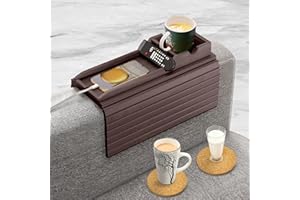AURORASYNTH Couch Cup Holder with 2 Cork Coasters | Couch Caddy with Detachable Tray | Anti-Slip Foldable Armrest Sofa Tray, Anti-Spill Holder for Remote, Snacks, Cellphone - Ideal Gift (Walnut)