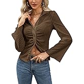 ALIREVERIE Women's Fall V-Neck Flare Sleeve Blouses Fashion Button Down Ribbed Y2K Ruched Shirt