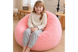 XeGe Kids Fluffy Faux Fur Bean Bag Chair Cover (No Filler), Soft Furry Stuffed Animal Storage Bean Bag Cover for Plush Toys, Shaggy Fuzzy Beanbag Shell for Kids Teens Girls Children, Anti-Slip, Pink