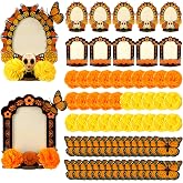 Qunclay 70pcs/10 Set Dia De Los Muertos Decor Day of The Dead Picture Frame | Altar Ofrenda Wooden Picture Frames with Stand, 3D Marigold Flower Monarch Butterfly Sugar Skull, for Mexican Display