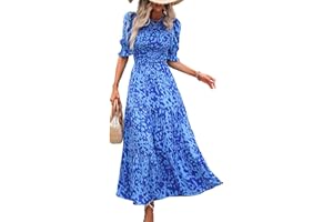 BTFBM Women Casual Summer Dresses 2025 Spring Crew Neck Ruffle Short Sleeve Floral Print Smocked Boho Flowy Maxi Dress