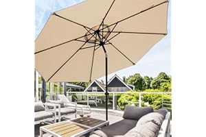 wikiwiki 11 FT Patio Umbrellas Outdoor Table Market Umbrella with Push Button Tilt/Crank,8 Sturdy Ribs, Fade Resistant Waterproof POLYESTER DTY Canopy for Garden, Lawn, Deck, Backyard & Pool, Beige