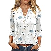 LUYAA Womens Blouses 3/4 Length Sleeve Tops 2026 Pearl Button Down Shirts Spring Summer Business Casual Outfits for Women