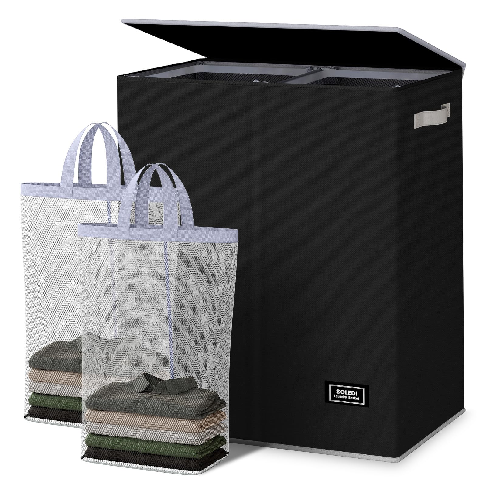 Photo 1 of SOLEDI Double Laundry Hamper with Lid and Removable Laundry Bags - Large Dirty Clothes Hamper 2 Section - Collapsible Laundry Baskets for Bedroom, Bathroom, Laundry room, Apartment, Black