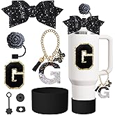 8PCS Cup Accessories Set for Stanley Cup 30oz 40oz tumbler with handle,Including Silicone Straw Topper Cover Cap and Boot,Spill Proof Stopper,Handle Charm,Initials Sticker (Black rose G)