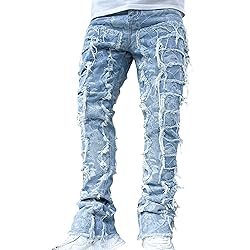 Kodaruber Mens Stacked Jeans Slim Fit Ripped Skinny