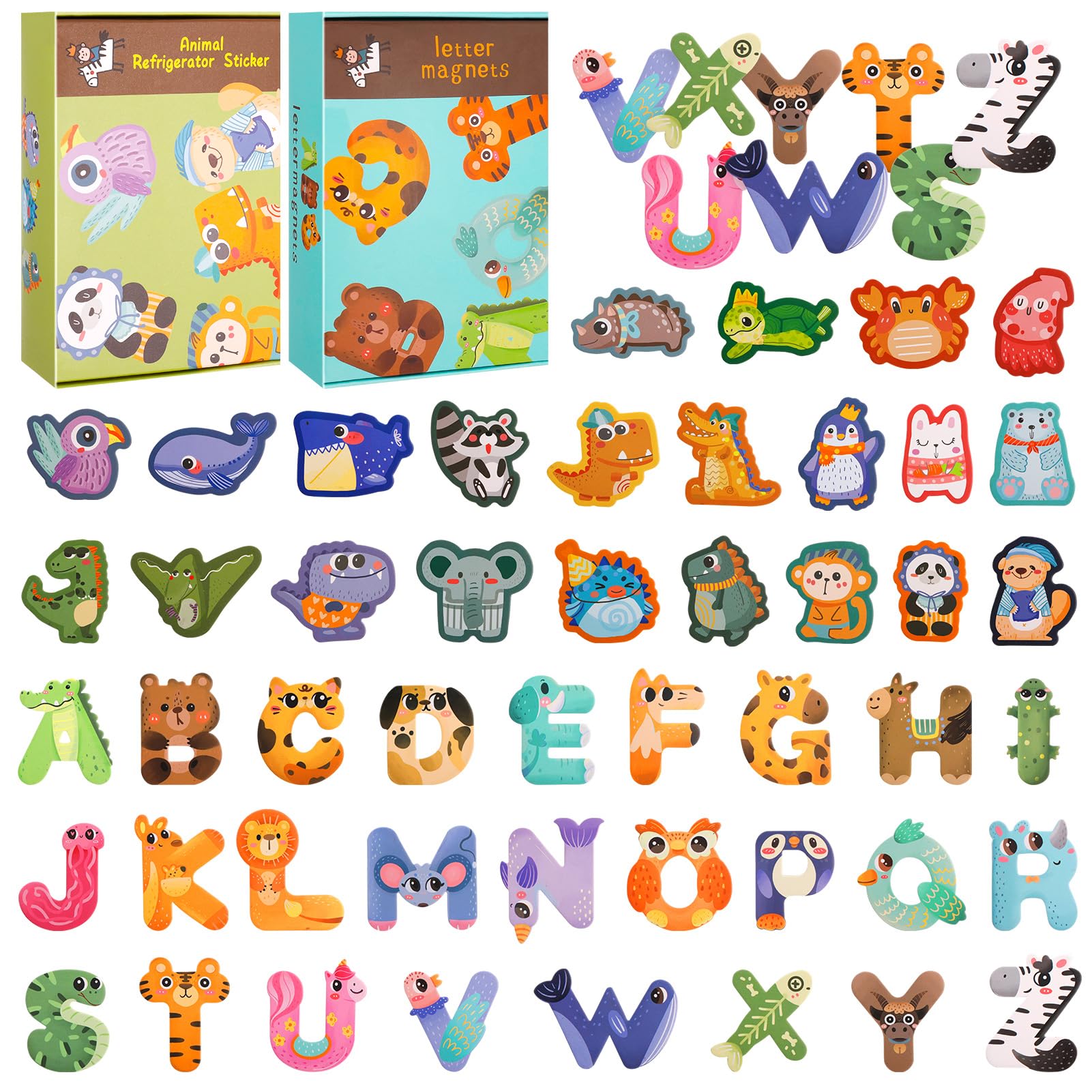 ViEinkaufen 48 Pcs Magnetic Letters, Fridge Magnets for Kids Educational Learning Tool, Alphabet ABC Magnets for Refrigerator Animal Toys Educational Spelling Learning Games Toys for Baby Toddl