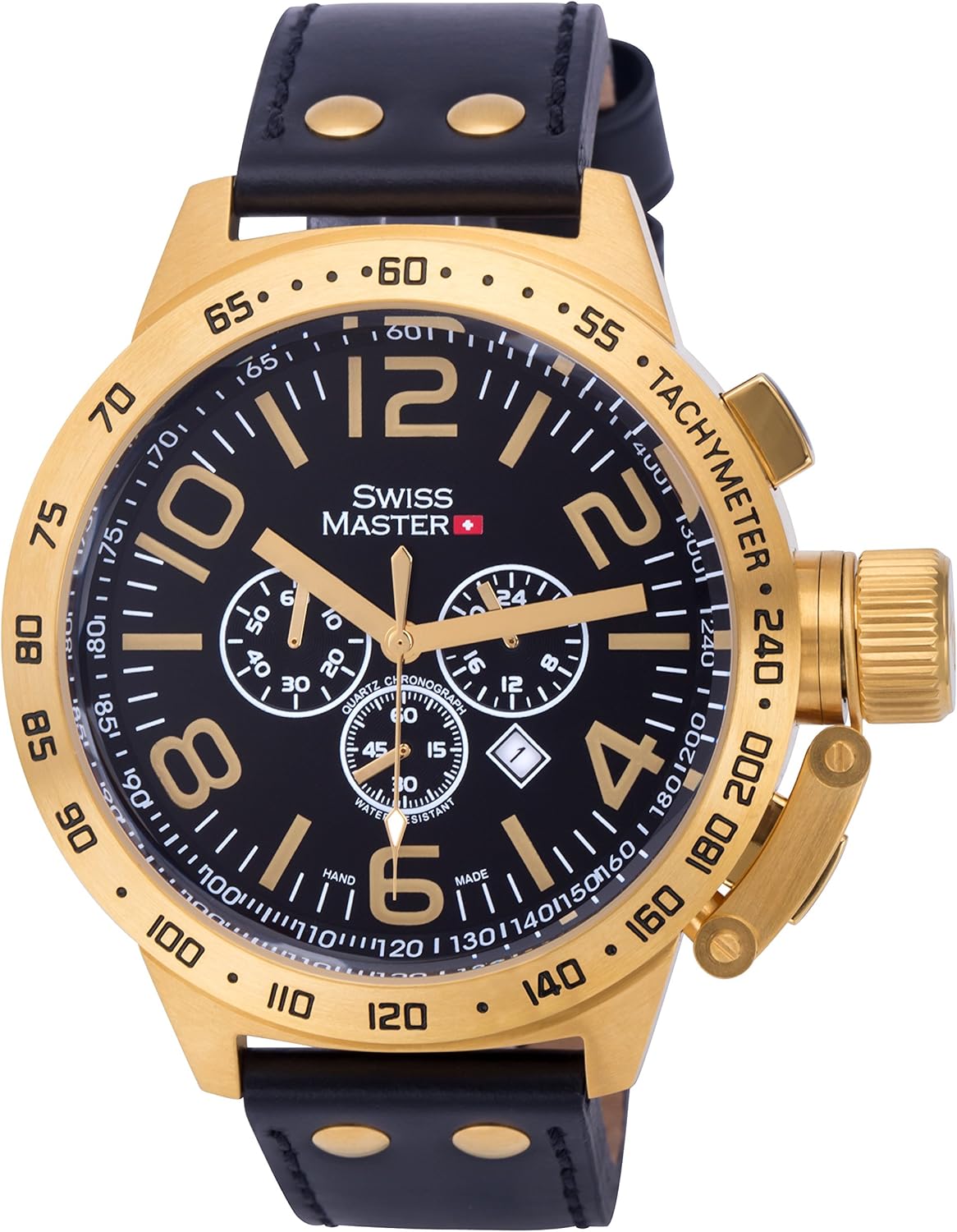 Swiss Master Mens Watch Black Leather Black Dial Gold Case
