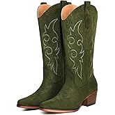 IUV Cowboy Boots For Women Western Cowgirl Boots Mid Calf Snip Toe Boot With Chunky Heel