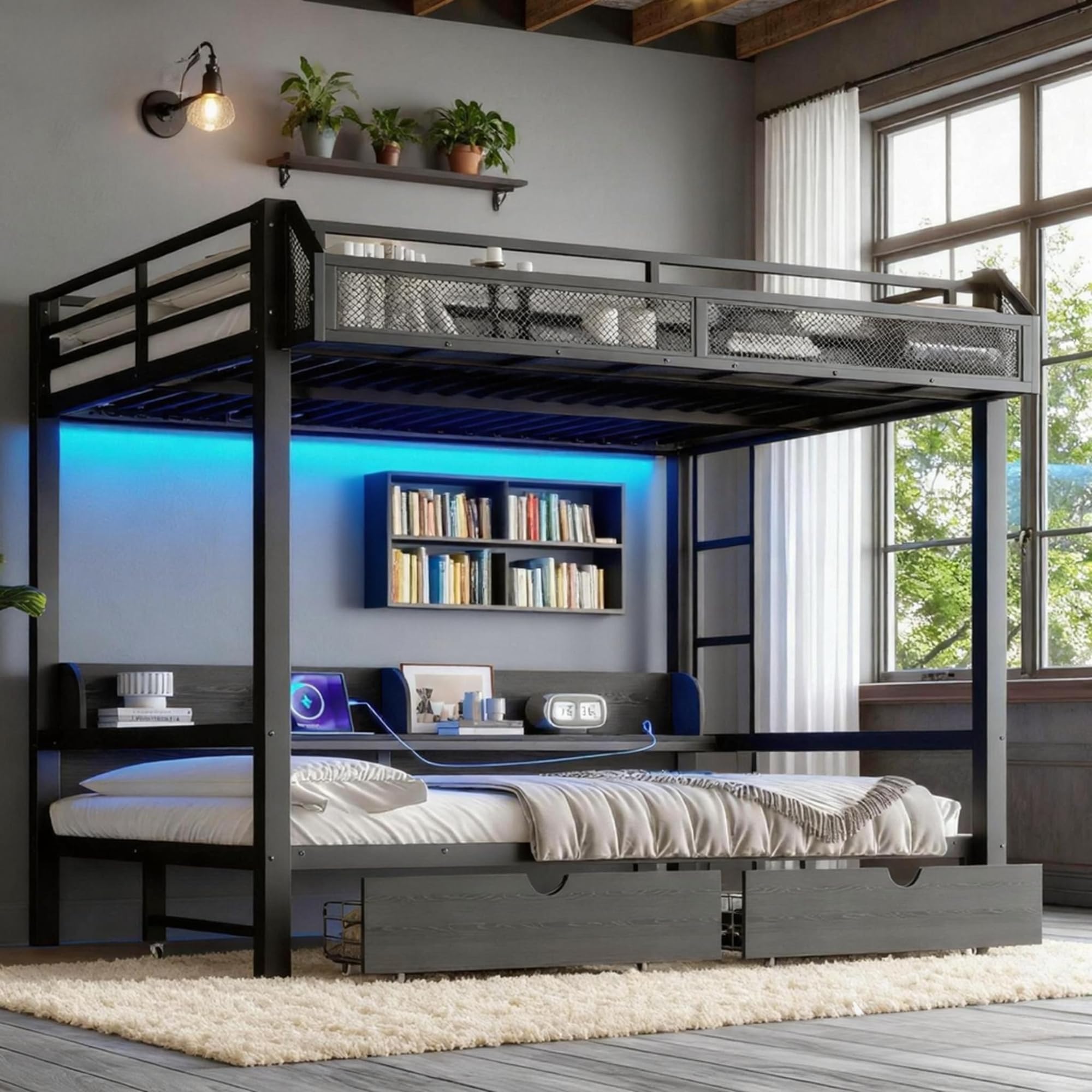 Photo 1 of **SELLING FOR PARTS AS PARTIAL SET. ONE OF TWO BOXES**Queen over Queen Bunk Bed with Storage Drawers and Shelves, Metal Bunk Beds with Lights and USB Ports, Convertible Lower Bunkbed Queen for Guests, Bedroom, Dorms, Multi-function and Noise-free, Black