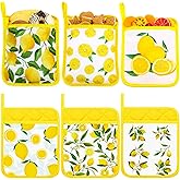 6 Pcs Pot Holders for Kitchen Heat Resistant Yellow Lemon Design Pot Holders with Hand Pockets and Hanging Loops Cotton Hot Pads Dual Function for Kitchen, Cooking, Baking, Grilling, Gifting