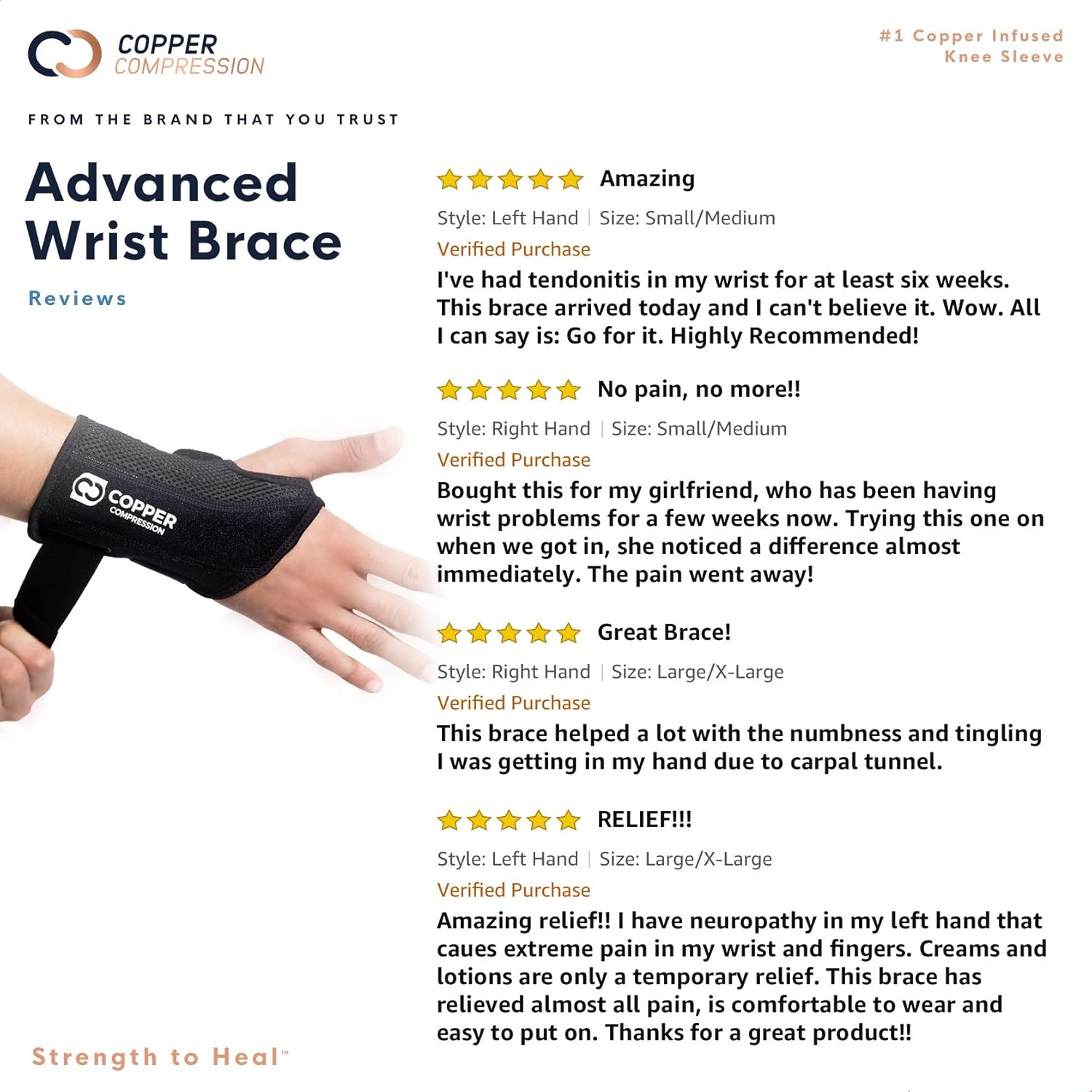 Copper Compression Wrist Brace - Guaranteed Highest Copper Content Support for Wrists, Carpal Tunnel, Arthritis, Tendonitis. Night Day Wrist Splint for Men Women Fit Right Left Hand (Left Hand L-XL): Health & Personal Care