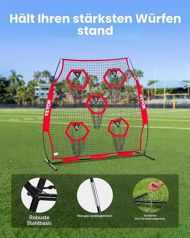 Fußballtrainer Wurfnetz Übungsnetz (208 x 91 x 189 cm) mit 5 Zieltaschen & tragbarer Aufbewahrungstasche & Gurten & knotenlosem Netz, Training für die Passgenauigkeit des Quarterbacks, rot