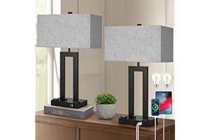 Modern Table Lamps Set of 2-22" Tall Bedside Lamps with USB-C/USB-A Charge Ports & Outlet, Stepless Dimmable Fabric Cray Shad