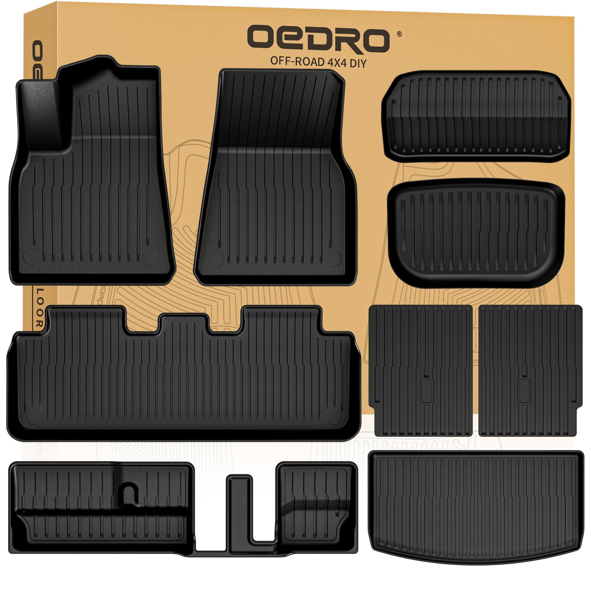 OEDRO Floor Mats Trunk Mat with Backrest Mat for Tesla Model Y 7-Seater 2024-2020 Custom Fit All Weather TPE Automotive Trunk Mats Accessories Back Seat Protector for for Model Y 9 Pcs Mats Set Image