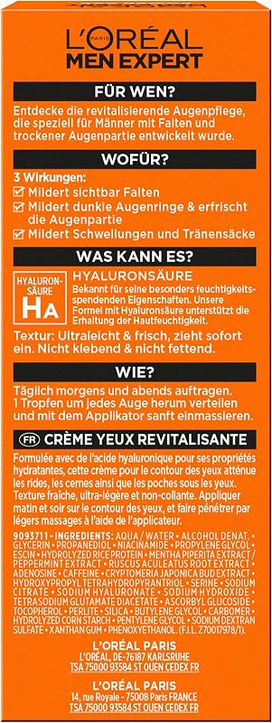 L'Oréal Men Expert Augencreme gegen Falten für Männer, Anti-Aging Augenpflege für müde und matte Haut, Herren Feuchtigkeitspflege mit Hyaluronsäure, Power Age, 1 x 15 ml