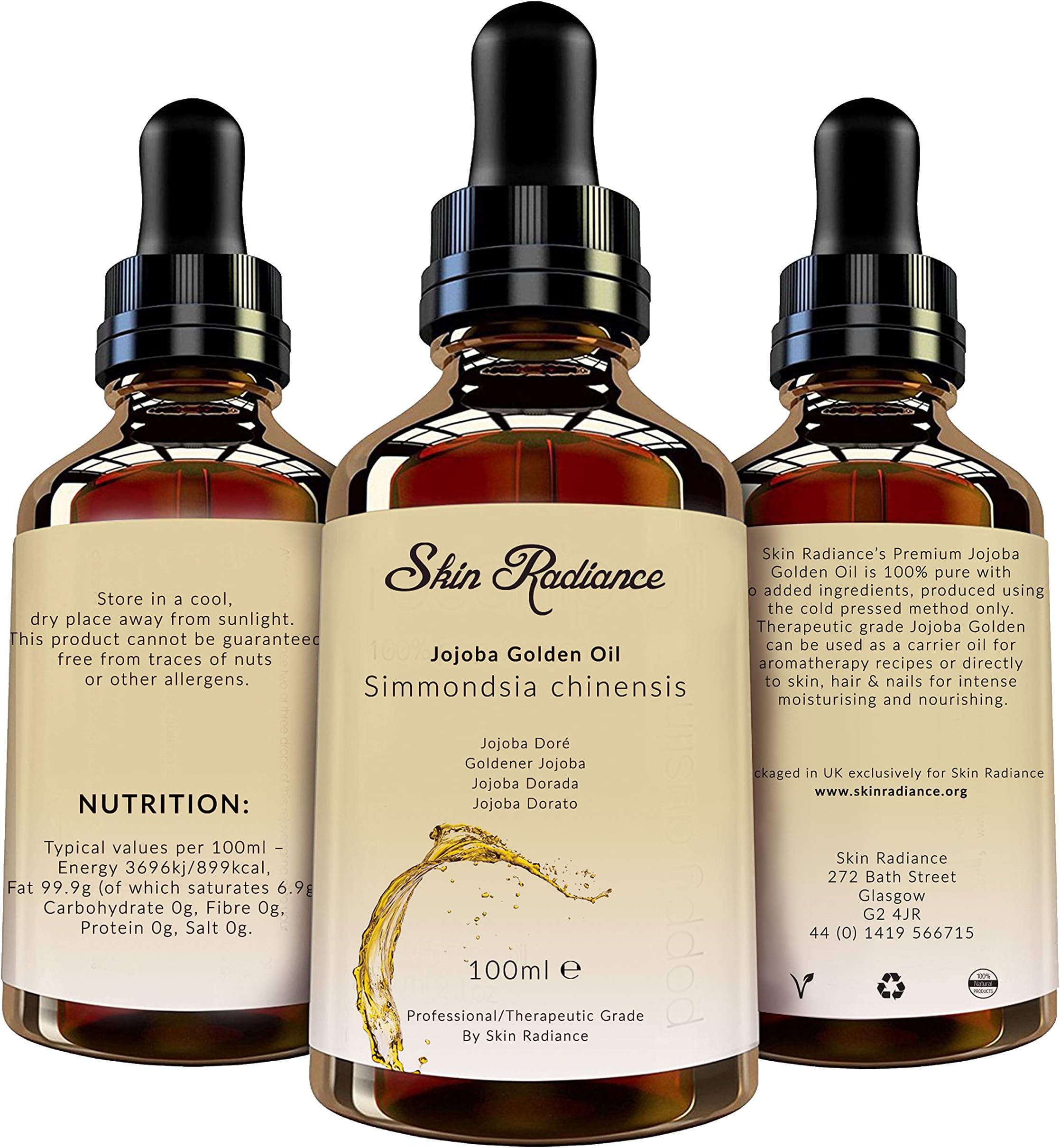 Premium Jojoba Oil by Skin Radiance UK - Pure 100% Natural Cold Pressed, Unrefined, Cruelty Free & Vegan - Best Jojoba Oil for Face, Hair & Body. Large 100ml Produced in UK