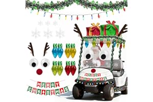 YIBOBO Christmas Golf Cart Decoration Kit, Xmas Car Decor - Reindeer Antler with Nose, Present Box and Bulb Foil Balloons, Fake Snowflake, String Lights, Tinsel Garland, Xmas Banner for Holiday Parade