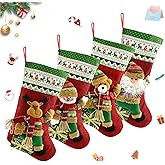 Houwsbaby Set of 4 Christmas Stockings Kit 3D Santa Snowman Bear Reindeer Flax Socks Holders Ornament Gift Bags for Family Xmas Party Supplies, Red, 18.5 inches (04)