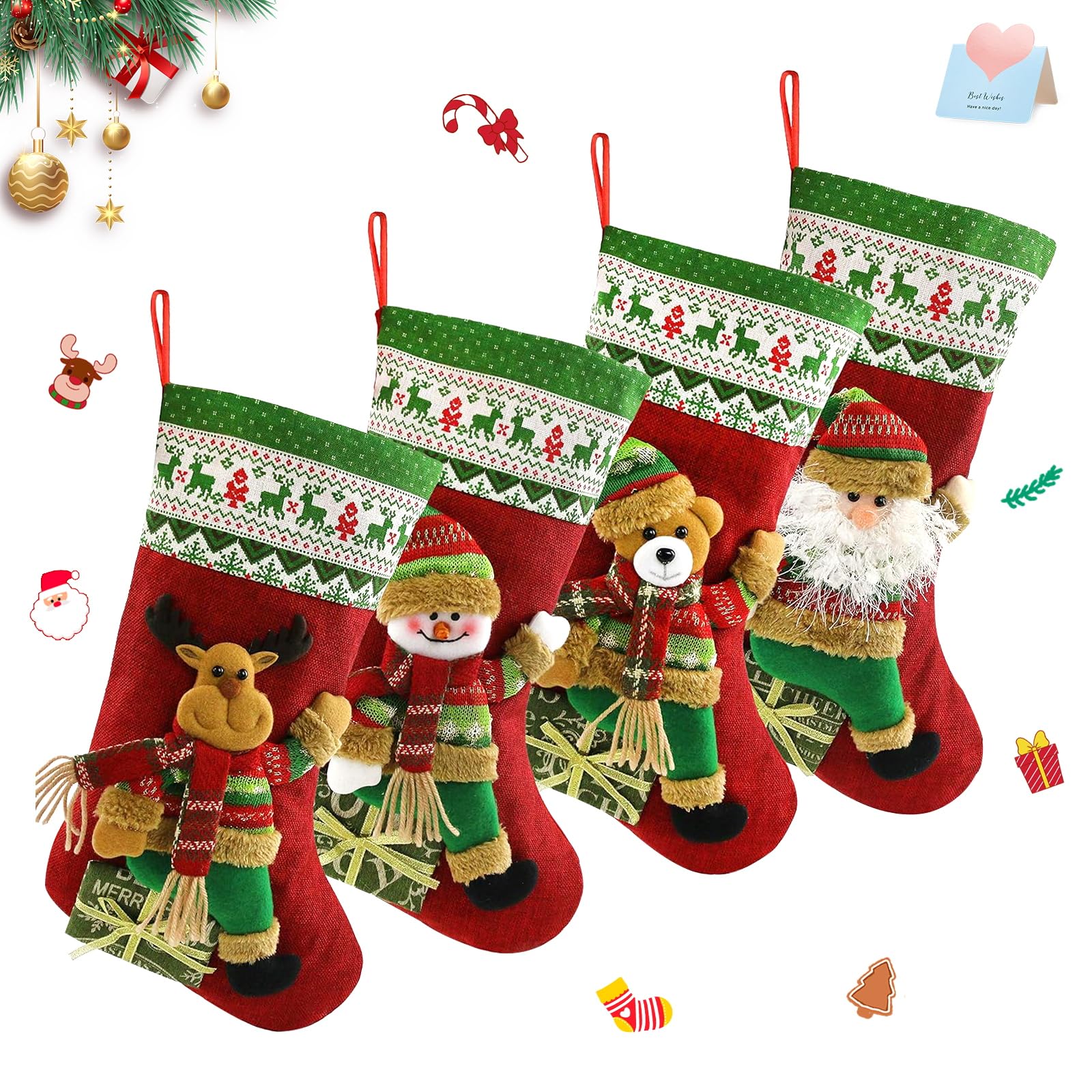 Houwsbaby Brand Set of 4 Christmas Stockings Kit 3D Santa Snowman Bear Reindeer Flax Socks Holders Ornament Gift Bags for Family Xmas Party Supplies, Red, 47 cm