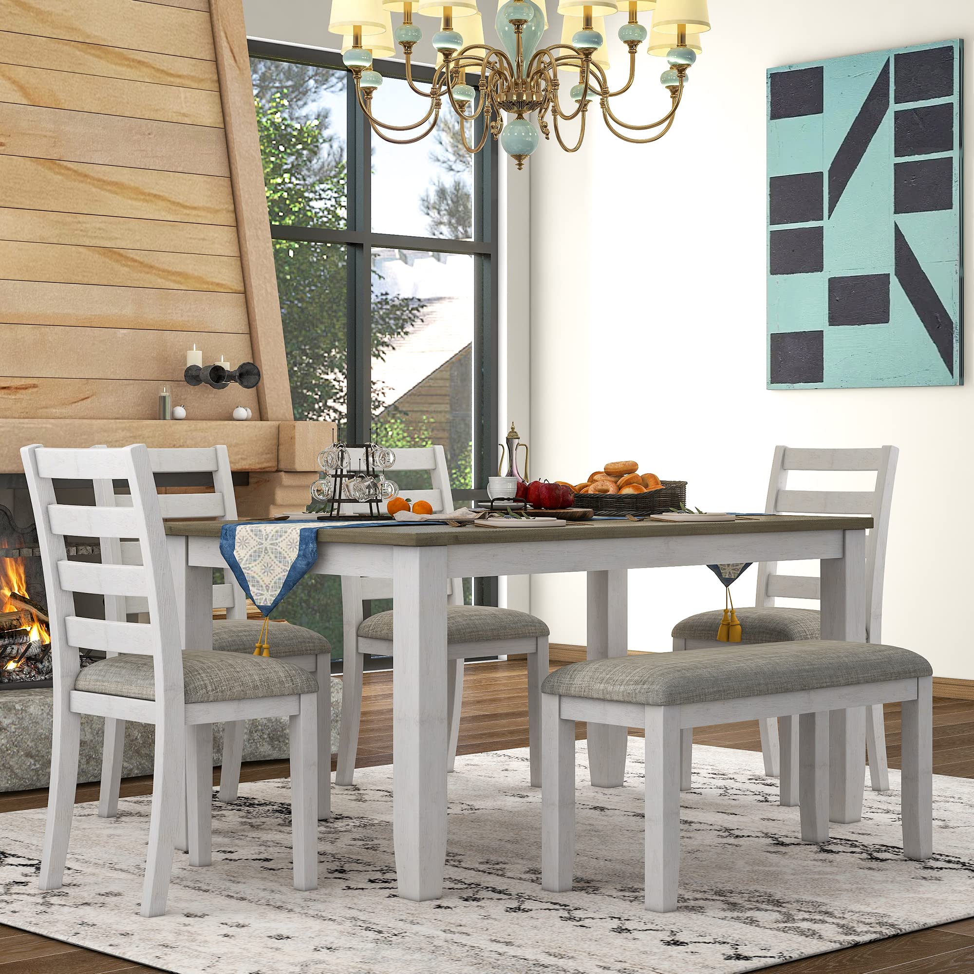 Photo 1 of ** NEW** KELRIA Retro Rustic Style 6-Piece Dining Set, Including 4 Upholstered Chairs, 1 Table and a Bench, for Playroom, Living Room, Home Bar, and Kitchen, Whitewash, Brown + White