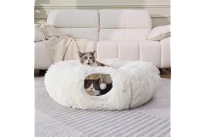 WALNEST Cat Tunnel with Bed – Soft Plush Peekaboo Donut Cave for Indoor Cats | Under Christmas Tree Hideaway & Multifunctional Playground Toy for Kittens, Rabbits, Ferrets (Long-Pile Fabric White)