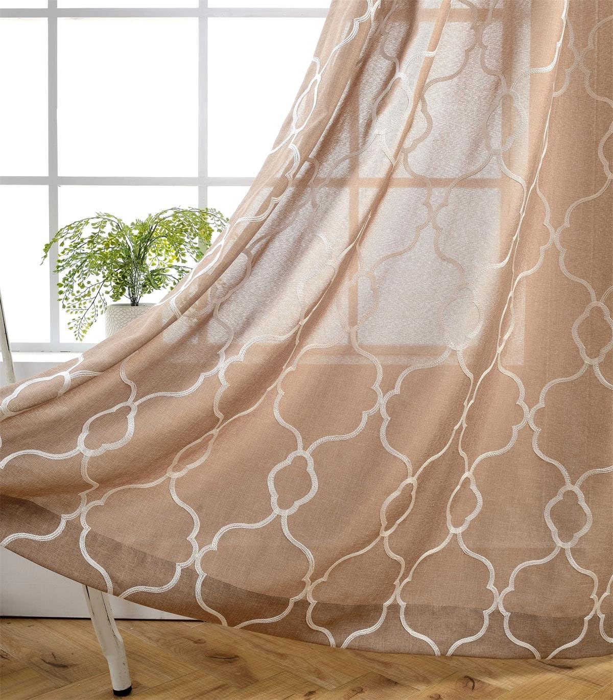 MIUCO Moroccan Embroidered Semi Sheer Curtains Faux Linen Wide Width Grommet Curtains for Bedroom 52 x 63 Inch 2 Panels, Taupe