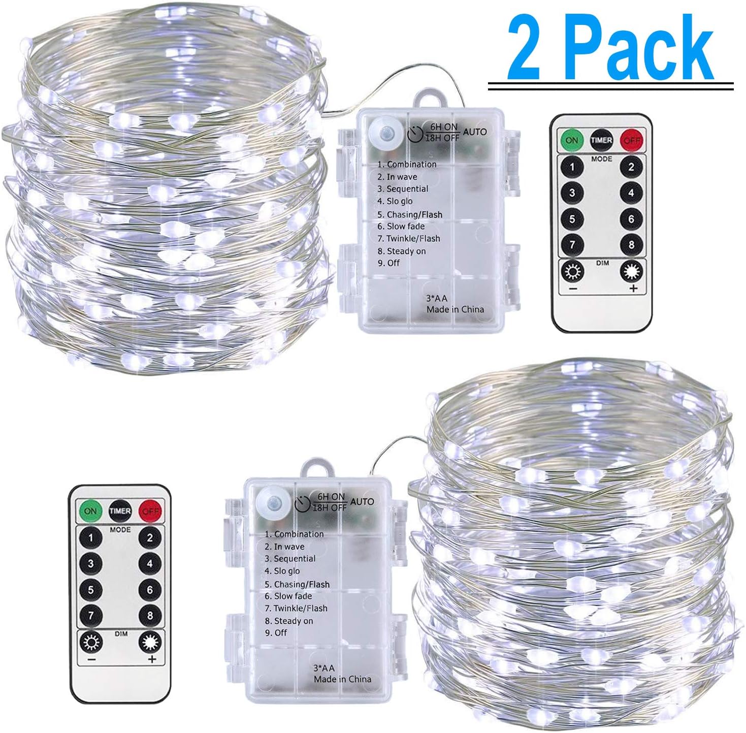 Fairy Lights, 2 Pack Led Fairy String Lights 8 Modes 100 LED 33ft Battery Operated Waterproof Silver Wire Fairy Lights for Wedding, Party, Bedroom, Christmas, Halloween, Festival Decor (White)