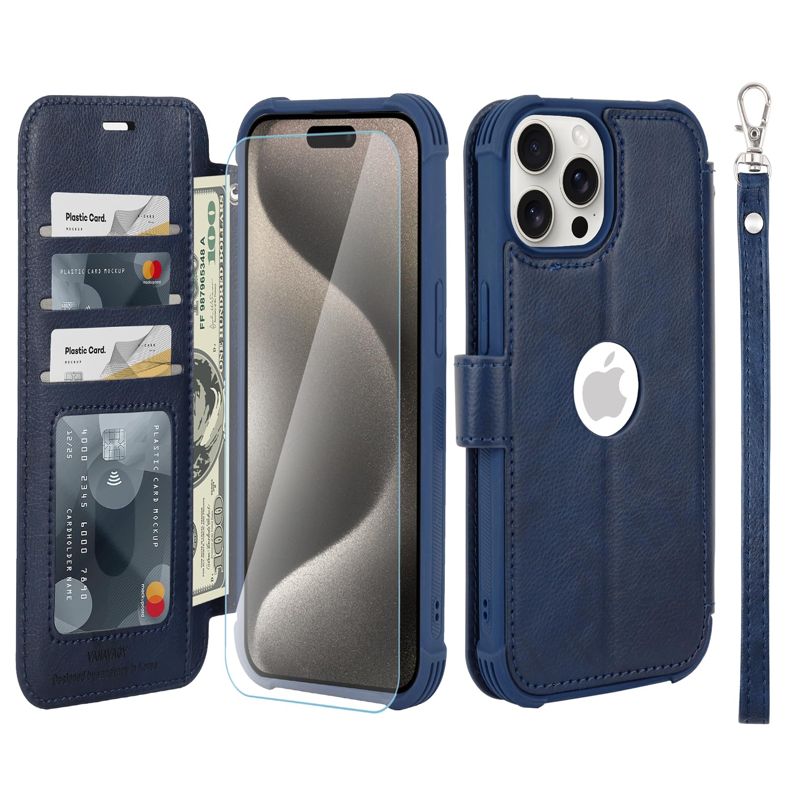 VANAVAGY Compatible for iPhone 15 Pro Wallet Case, 12ft Drop Protection, RFID Blocking PU Leather Flip Cover, Card Holder & Kickstand, Shockproof Phone Case for 15 Pro-6.1 Inch,Navy Blue — image 1