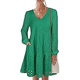 ANRABESS Long Sleeve V Neck Dresses for Women Eyelet Hollow Out Business Casual Tiered 2026 Fall Mini Dress with Pockets