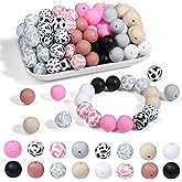 QINJIEJIE 70Pcs 15mm Silicone Beads, Silicone Beads for Keychain Making Bulk Focal Beads for Pens,Round Rubber 15mm for Keychain/Necklace/Bracelets Making (Cow Print)